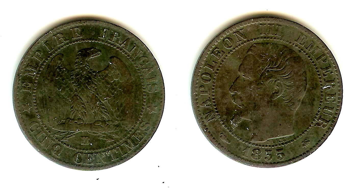 Cinq centimes Napoléon III, tête nue 1855 Strasbourg TTB-